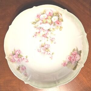 Antique Bavaria Porcelain Pink Rose Serving Bowl Scalloped Beaded Rim 10 Inch